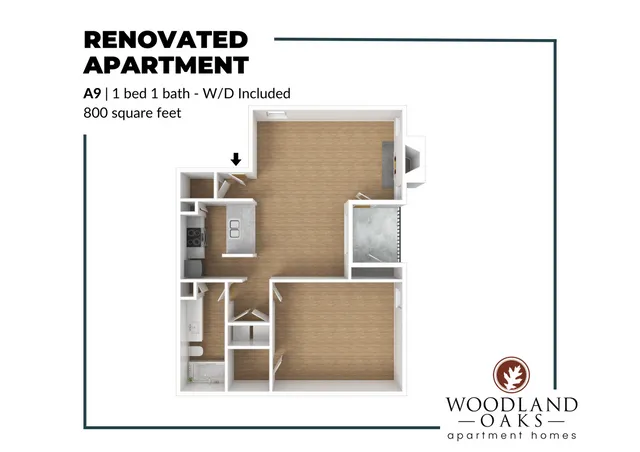 Charming 1 bed, 1 bath renovated apartment floor plan, featuring an open living area and included W/D, 800 square feet at Woodland Oaks.