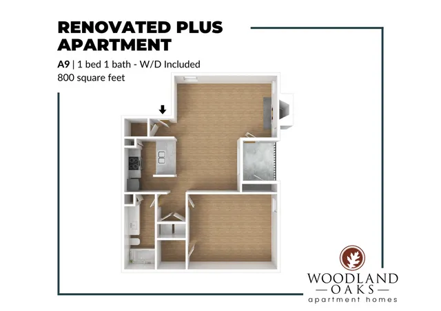 Renovated Plus Apartment floor plan showcasing a spacious 1 bed, 1 bath layout with modern kitchen, in-unit washer and dryer, measuring 800 square feet at Woodland Oaks Apartment Homes.