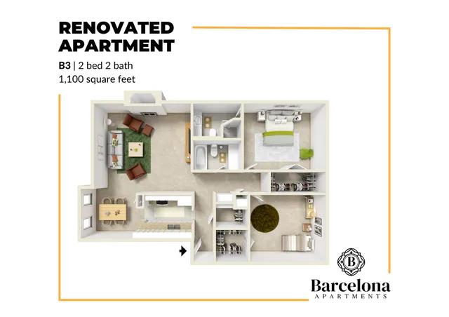 Chic renovated apartment floor plan with 2 bedrooms, spacious living area, modern kitchen, and 2 bathrooms, covering 1,100 square feet at Barcelona Apartments.