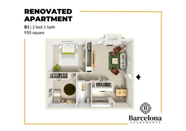 Renovated B1 apartment floor plan showcasing 2 bedrooms, 1 bath, a cozy living area, and a modern kitchen in 950 square feet at Barcelona Apartments.