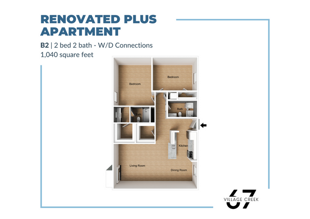 Renovated Plus Apartment floor plan with 2 bedrooms, 2 bathrooms featuring W/D connections, open living and dining areas, spacious kitchen, and 1,040 sq ft.