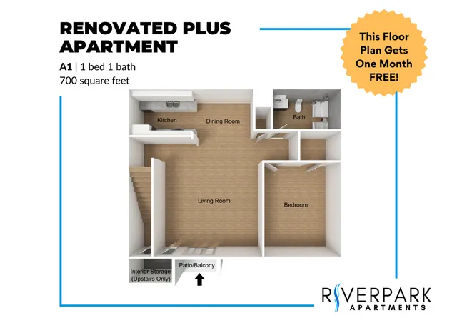 Inviting 3D floor plan of a 700 sq ft renovated apartment featuring 1 bedroom, open-concept kitchen and dining, spacious living room, and bath. Includes patio/balcony and interior storage. One month free offer available.