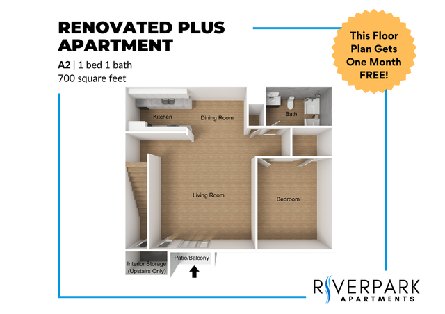 Renovated Plus Apartment floor plan featuring 1 bedroom, 1 bath, a spacious living room, kitchen, and dining area with additional patio/balcony space. Enjoy 700 square feet of modern living, plus a promotional one month free offer.