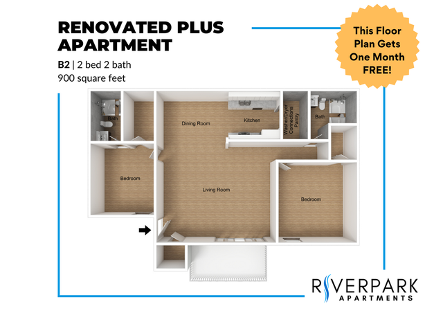Modern and inviting 3D floor plan of Renovated Plus Apartment B2, featuring 2 bedrooms, 2 bathrooms, spacious living and dining area, and a contemporary kitchen, all within 900 square feet at Riverpark Apartments.