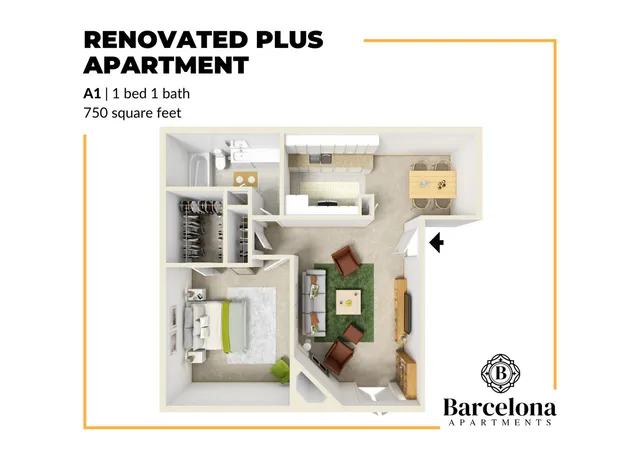Bright and modern 3D floor plan of Renovated Plus Apartment A1 featuring 1 bedroom, 1 bathroom, a cozy living area, and a well-equipped kitchen, spanning 750 square feet.