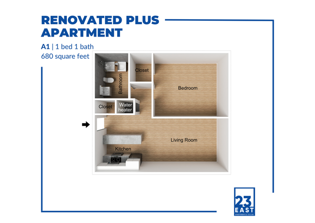 Chic 1 bed, 1 bath apartment floor plan with modern kitchen and spacious living room, 680 sq ft.
