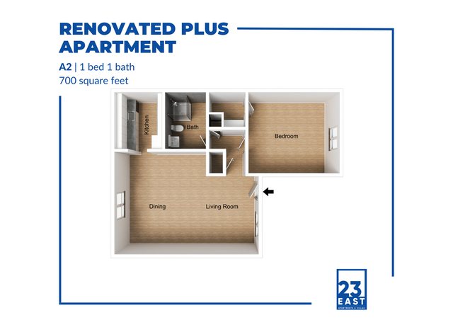 Modern Renovated Plus Apartment floor plan with 1 bedroom, 1 bath, and an open dining and living area in 700 sq ft.