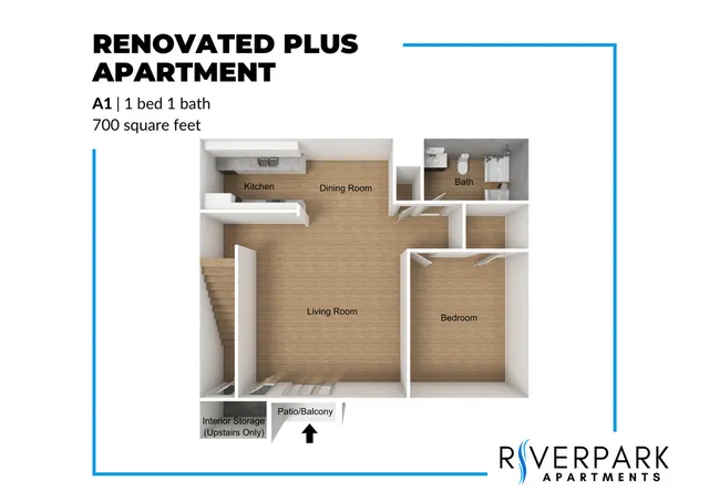 Renovated Plus Apartment floor plan showcasing 1 bedroom, spacious living room, kitchen, dining area, and a bath in 700 square feet at Riverpark Apartments.