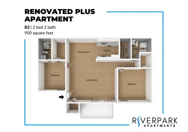 Modern floor plan for Renovated Plus Apartment B2 featuring 2 bedrooms, 2 baths, spacious living and dining areas, and a well-equipped kitchen in 900 sq ft.
