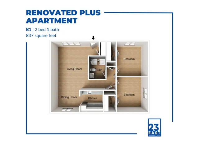 Bright 3D floor plan of Renovated Plus Apartment featuring 2 bedrooms, 1 bath, spacious living room, dining area, and modern kitchen within 837 square feet.
