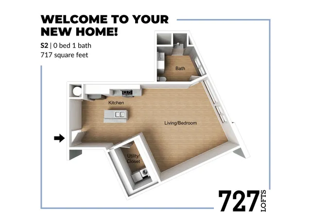Chic 2D floor plan of a studio apartment, featuring a contemporary open kitchen, spacious living/bedroom area, and modern bath; perfect for a stylish urban lifestyle at 727 Lofts, 717 square feet.