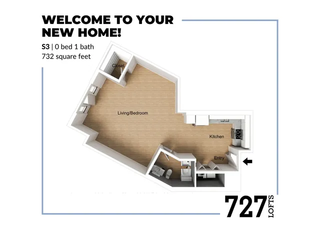 Modern floor plan for S3 unit, featuring open living/bedroom area, stylish kitchen, spacious closet, and a full bathroom, totaling 732 square feet at 727 Lofts.