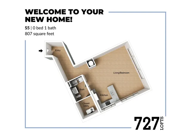 Modern 807 sq ft studio loft floor plan with open-concept living/bedroom, sleek kitchen, and spacious bath, perfect for contemporary living.