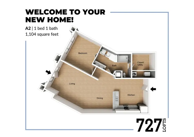 Inviting 727 Lofts floor plan featuring 1 bedroom, 1 bath, spacious living and dining area, and a modern kitchen in a 1,104 square feet layout.