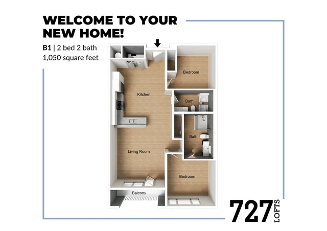 Inviting floor plan at 727 Lofts showcasing a 2 bed, 2 bath layout with a modern kitchen, spacious living room, and private balcony, totaling 1,050 square feet.