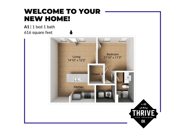 Inviting floor plan of a 1 bed, 1 bath apartment with cozy living area and modern kitchen, spanning 616 square feet.