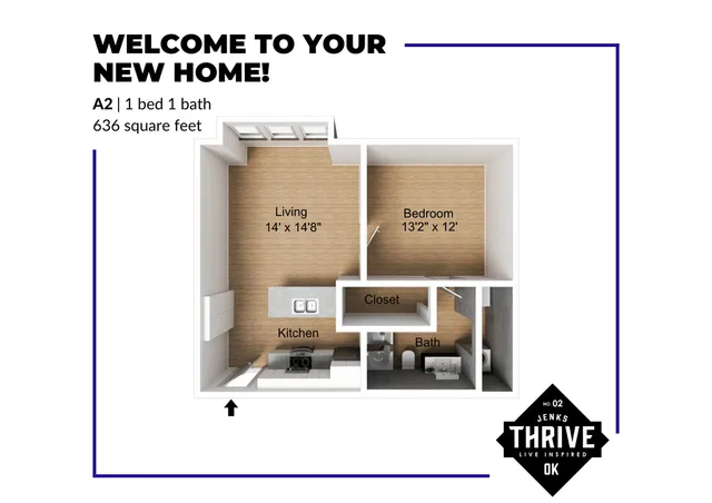 Inviting floor plan for 1 bed 1 bath apartment, featuring a spacious living area and modern kitchen in a total of 636 square feet.
