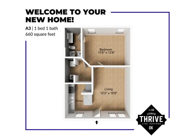 Modern A3 floor plan showcasing 1 bedroom, a cozy kitchen, and a spacious living area, totaling 660 square feet. Perfect for stylish living.