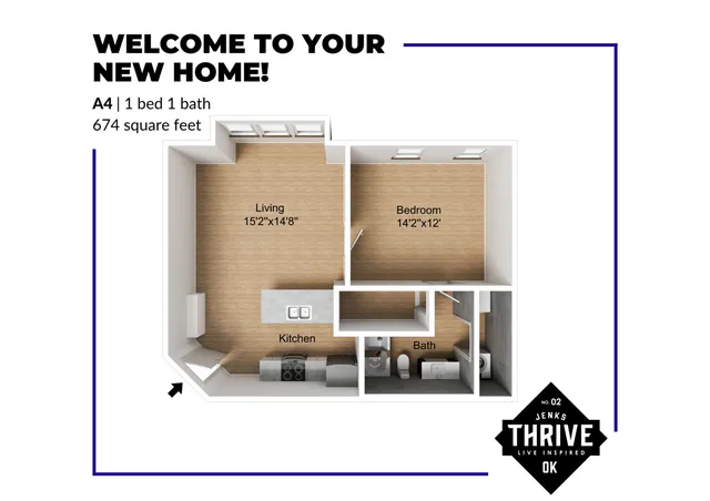 Modern A4 3D floor plan showcasing 1 bedroom, 1 bath, and spacious living area in 674 sq ft, designed for a vibrant lifestyle.