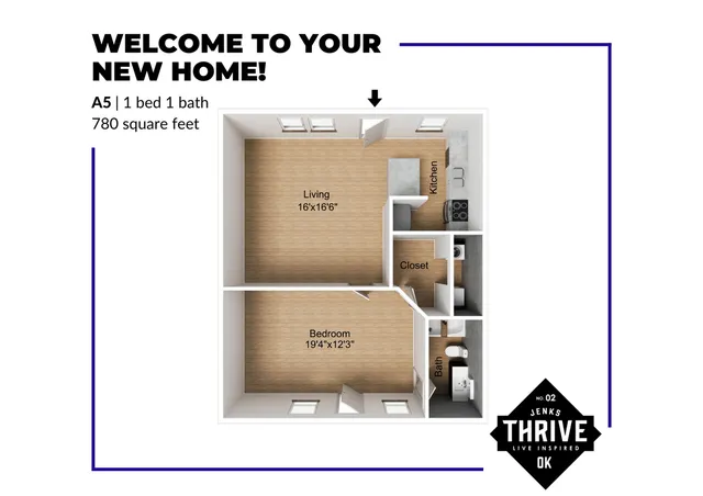 Inviting A5 floor plan with 1 bedroom and 1 bathroom, featuring a spacious living area, functional kitchen, and cozy closet in 780 square feet.