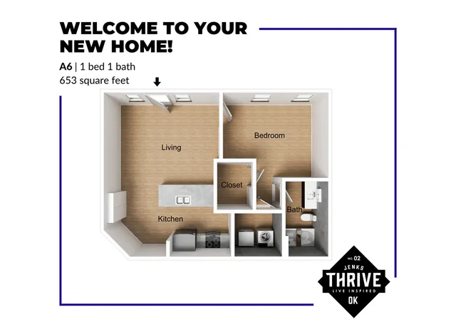 Inviting 3D floor plan of a modern A6 layout featuring 1 bedroom, 1 bath, and an open-concept kitchen and living area, spanning 653 square feet. Welcome to your new home at Jenks Thrive Live Inspired.