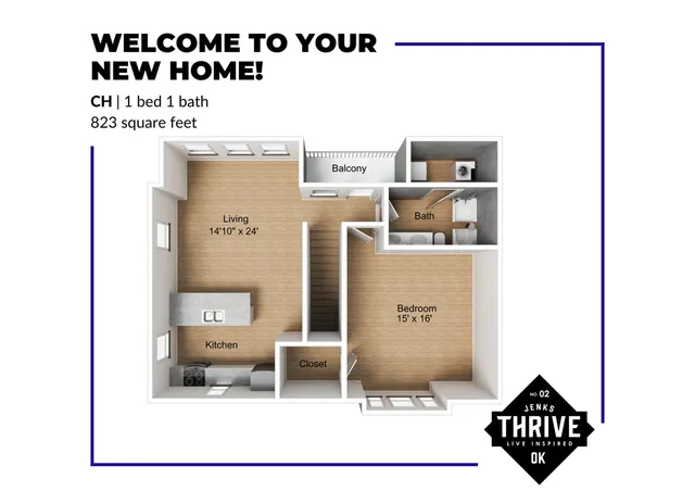Inviting floor plan featuring 1 bedroom, 1 bath, and an open kitchen-living area with balcony, covering 823 square feet.
