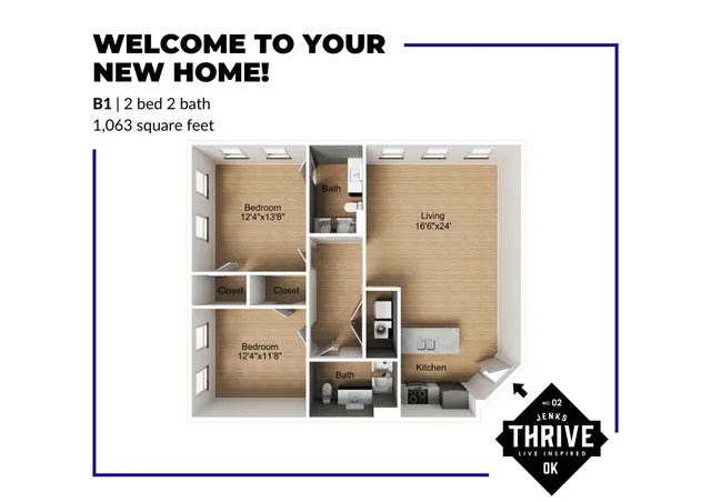 Inviting B1 floor plan with 2 bedrooms, 2 bathrooms, and a spacious living area spanning 1,063 square feet, perfect for modern living in Jenks Thrive community.