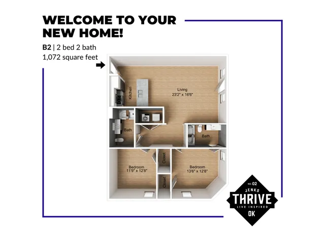 Modern open-concept floor plan featuring 2 bedrooms, 2 baths, and a spacious living area in 1,072 square feet.