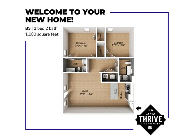 Inviting floor plan showcasing a B3 layout with 2 bedrooms and 2 bathrooms, spanning 1,080 square feet. Features spacious living area and modern kitchen at Thrive in Jenks, OK.