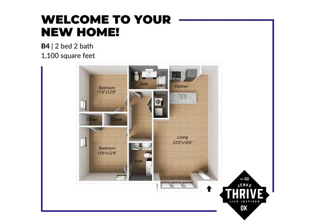 Modern B4 floor plan with 2 bedrooms, 2 bathrooms, spacious living area, and stylish kitchen, totaling 1,100 square feet.