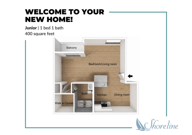 Inviting Junior floor plan with 1 bedroom, bath, open living space, kitchen, and balcony; 400 square feet.