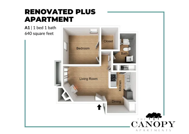 Modern floor plan showcasing a renovated one-bedroom, one-bath apartment with open-concept living room, kitchen, and dining area at The Canopy Apartments, 640 square feet.