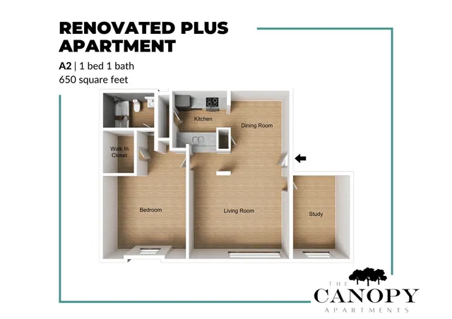 Renovated Plus Apartment floor plan featuring 1 bedroom, stylish open kitchen, cozy dining room, spacious living area, walk-in closet, and private study, covering 650 square feet.