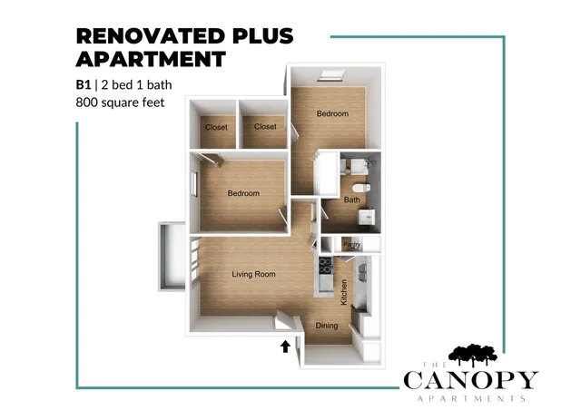 Modern Renovated Plus Apartment floor plan featuring 2 bedrooms, 1 bathroom, a spacious living room, and an efficient kitchen with dining area, covering 800 square feet.