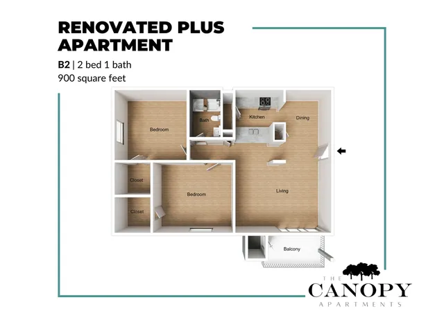 Renovated Plus Apartment B2 floor plan featuring 2 bedrooms, 1 bath, an inviting living area, modern kitchen, and dining space, spanning 900 square feet with a private balcony.