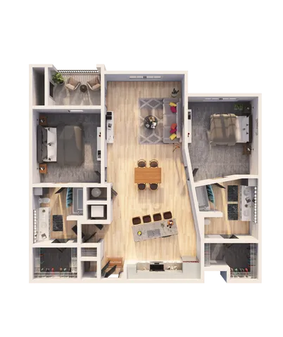 Contemporary floor plan showcasing 2 bedrooms, open-concept living and dining area, and modern kitchen.