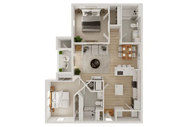 Modern 2D floor plan showcasing 2 spacious bedrooms, a chic open-concept living area, and sleek kitchen with island dining.