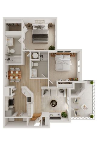 Charming 2D floor plan showcasing two elegant bedrooms, a modern living room, gourmet kitchen, and inviting balcony.