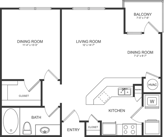 Modern floor plan showcasing a spacious open living area with a cozy bathroom and functional kitchen, highlighted by unique layout features like a large pantry and convenient HVAC unit.