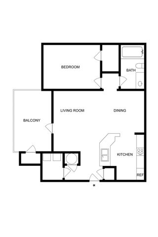 Chic floor plan showcasing a cozy one-bedroom apartment with a private balcony, open living and dining areas, and a contemporary kitchen.