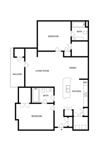 Modern floor plan showcasing 2 bedrooms, spacious living room with balcony, elegant dining area, and a contemporary kitchen.