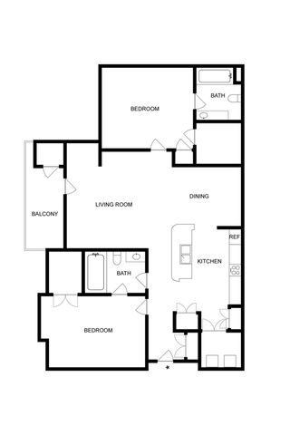 Modern floor plan showcasing a spacious 2-bedroom apartment with open-concept living and dining areas, gourmet kitchen, and elegant balcony.