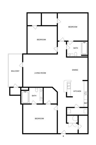 Elegant floor plan displaying three spacious bedrooms, two modern bathrooms, an inviting living room, a cozy dining area, and a contemporary kitchen with a refrigerator, enhanced by a private balcony.