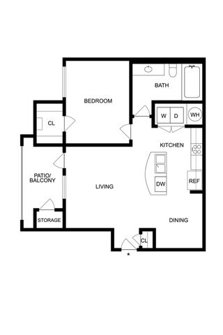 Modern floor plan showcasing a spacious 1-bedroom layout with open living and dining areas, stylish kitchen, and a private patio/balcony with additional storage.