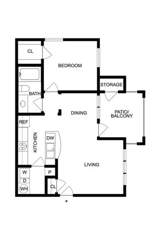 Modern 1-bedroom floor plan with an open kitchen, spacious living area, and private patio balcony.