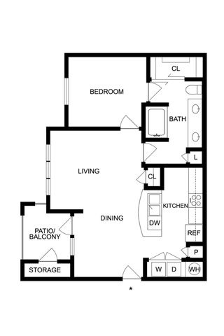 Chic floor plan featuring a spacious bedroom, open living and dining areas, modern kitchen, and a cozy patio with storage.