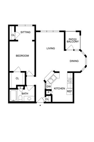 Inviting floor plan showcasing a spacious bedroom with sitting area, open living and dining area, and a modern kitchen with a balcony patio.