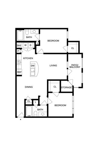 Modern floor plan showcasing 2 bedrooms, open kitchen with island, dining area, spacious living room, two full baths, storage, and a cozy patio/balcony.