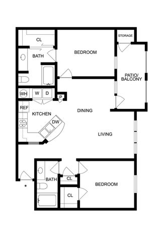 Contemporary floor plan showcasing 2 bedrooms, open-concept living and dining area, modern kitchen, and a private patio/balcony.
