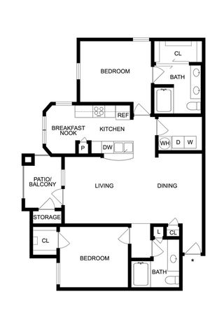 Elegant floor plan showcasing two spacious bedrooms, two modern baths, an open-concept living and dining area, a cozy breakfast nook, and a relaxing patio with storage.